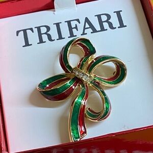 Trifari Gold-Tone Bow Brooch with Red and Green Enamel & Rhinestones